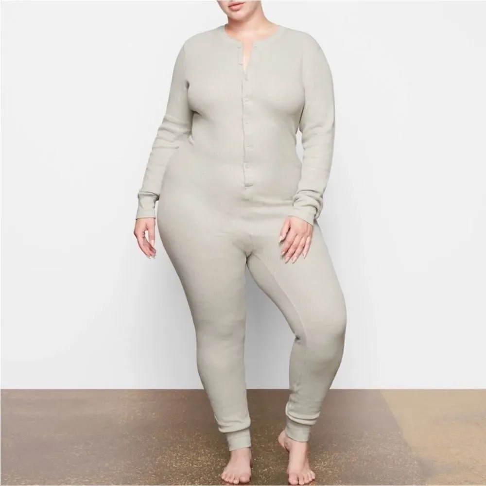 SKIMS Talc Waffle Knit Henley Front Thermal Onesie Sz L NWT